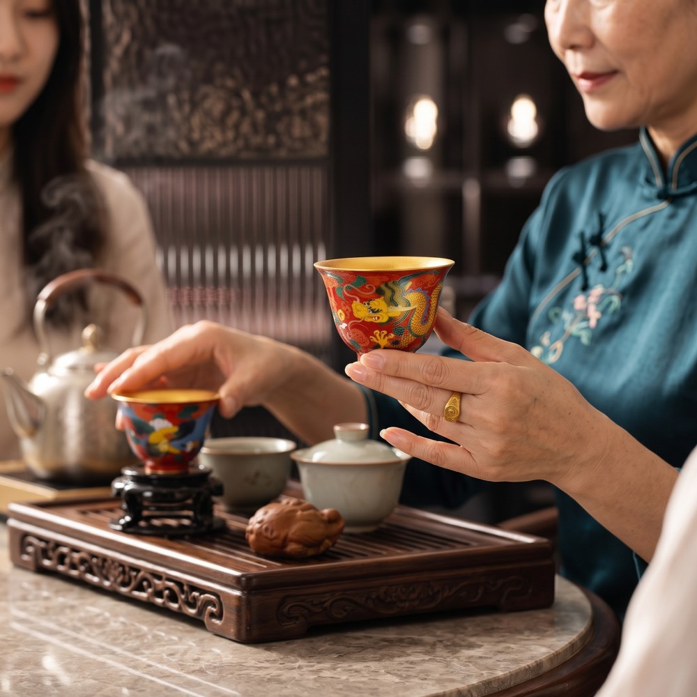 【龍鳳呈祥】乾隆年製 景泰藍掐絲琺琅品茗對杯(配實木雕花底座) Chinese Cloisonné Dragon & Phoenix Tea Cup:圖片 7