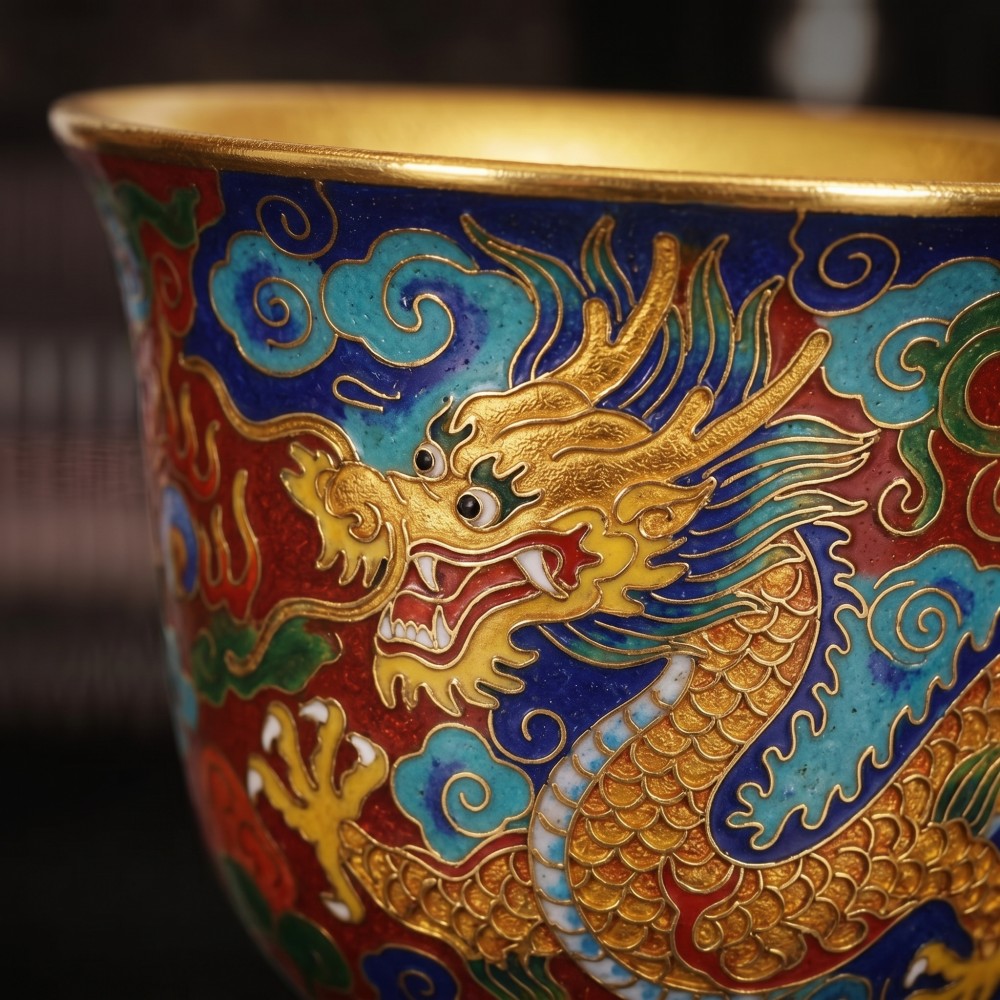 【龍鳳呈祥】乾隆年製 景泰藍掐絲琺琅品茗對杯(配實木雕花底座) Chinese Cloisonné Dragon & Phoenix Tea Cup:圖片 4