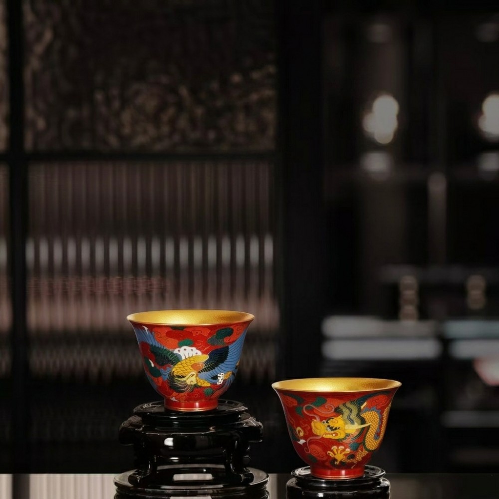 【龍鳳呈祥】乾隆年製 景泰藍掐絲琺琅品茗對杯(配實木雕花底座) Chinese Cloisonné Dragon & Phoenix Tea Cup