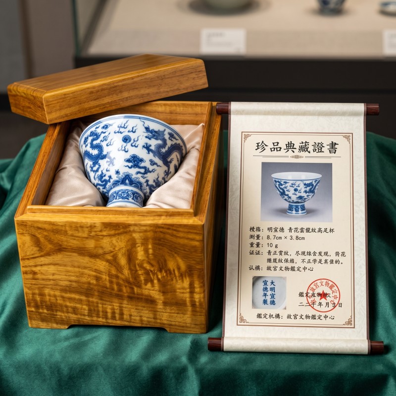 明宣德 青花海水江崖九龍紋高足碗 · Ming Xuande Blue and White Dragon Stem Bowl:圖片 5